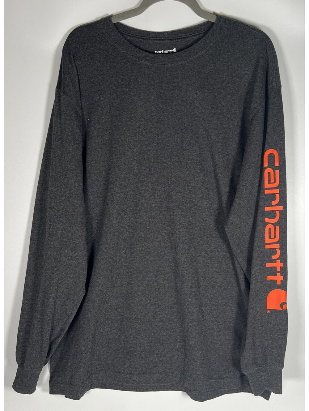 Carhartt Long Sleeve T Shirt Dark Gray Orange Sleeve Logo Loose Fit- Men's Large